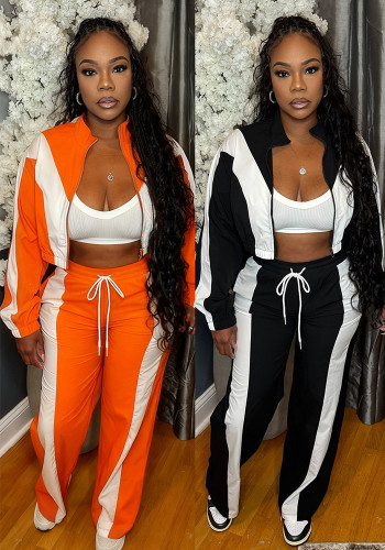 Women's Fashion Color Block Zipper Hoodie and Wide-Leg Drawstring Sport Pants Set