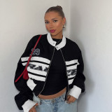 Autumn Trendy Letter Print Contrast Color Long Sleeve Stand Collar Jacket