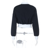 Autumn Trendy Letter Print Contrast Color Long Sleeve Stand Collar Jacket