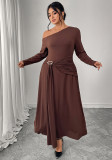 Autumn-Winter Slash Shoulder Slim High-Waist Long Sleeve Brown Dress