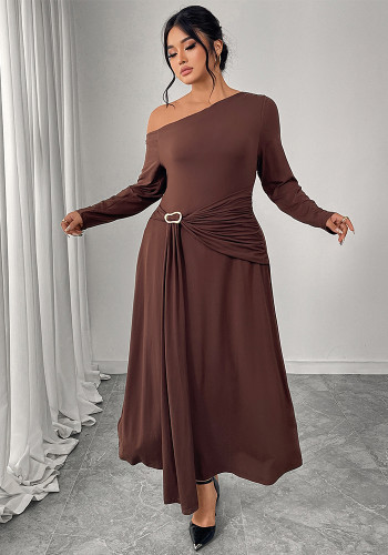 Autumn-Winter Slash Shoulder Slim High-Waist Long Sleeve Brown Dress