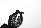 Autumn-Winter Women's Fashion Sexy Lace Halter Neck Low Back Ribbon High-Waist Jumpsuit