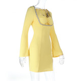 Sparkly Diamonds Square Neck Sexy Long Sleeve Slit Short Dress