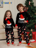 Christmas Family Matching Pajama Set Santa Hat Antlers Letter Print Black Pants Set