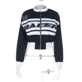 Autumn Trendy Letter Print Contrast Color Long Sleeve Stand Collar Jacket