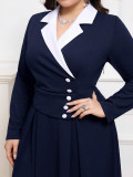 Autumn-Winter Women's Color Block Turndown Collar Chic Elegant Plus Size Dress
