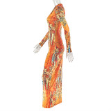 Print Color Block Women's Hollowed Out Bodycon Round Neck Long Sleeve Chic Long Dress