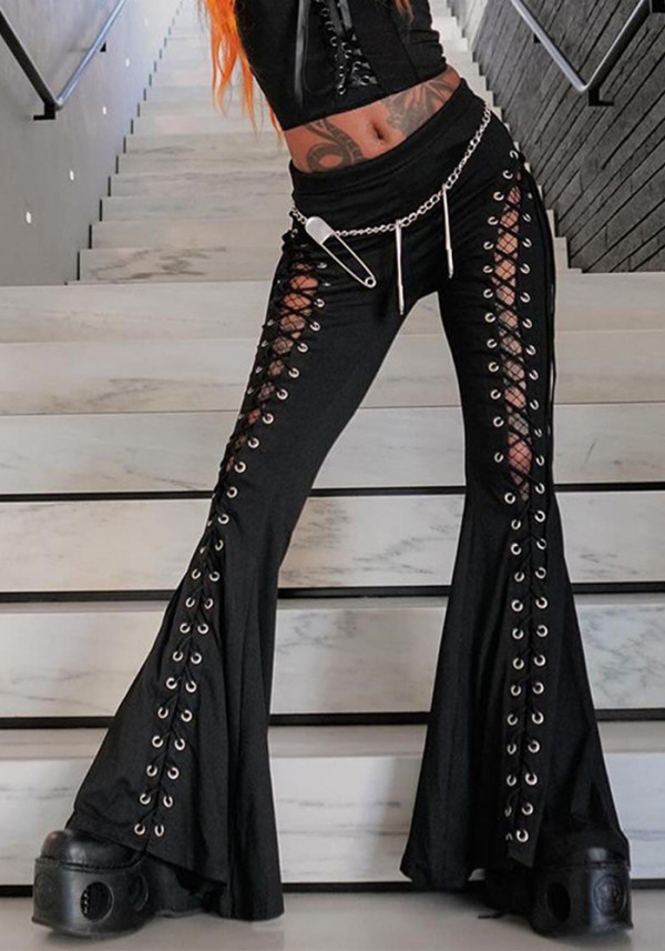 Summer Dark Street Style Lace-Up Bell Bottom Pants