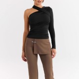 One-Shoulder Long Sleeve Basic Sexy Halter Neck T-Shirt