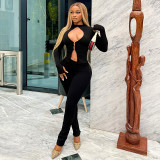 Autumn-Winter Women's Fashion Hollowed Out Buckle Zipper Top and Sexy Slim-Fit Pants Set