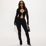 Autumn-Winter Women's Fashion Hollowed Out Buckle Zipper Top and Sexy Slim-Fit Pants Set