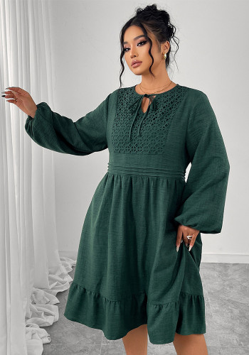 Spring-Autumn Linen Patchwork Puff Sleeves Dress