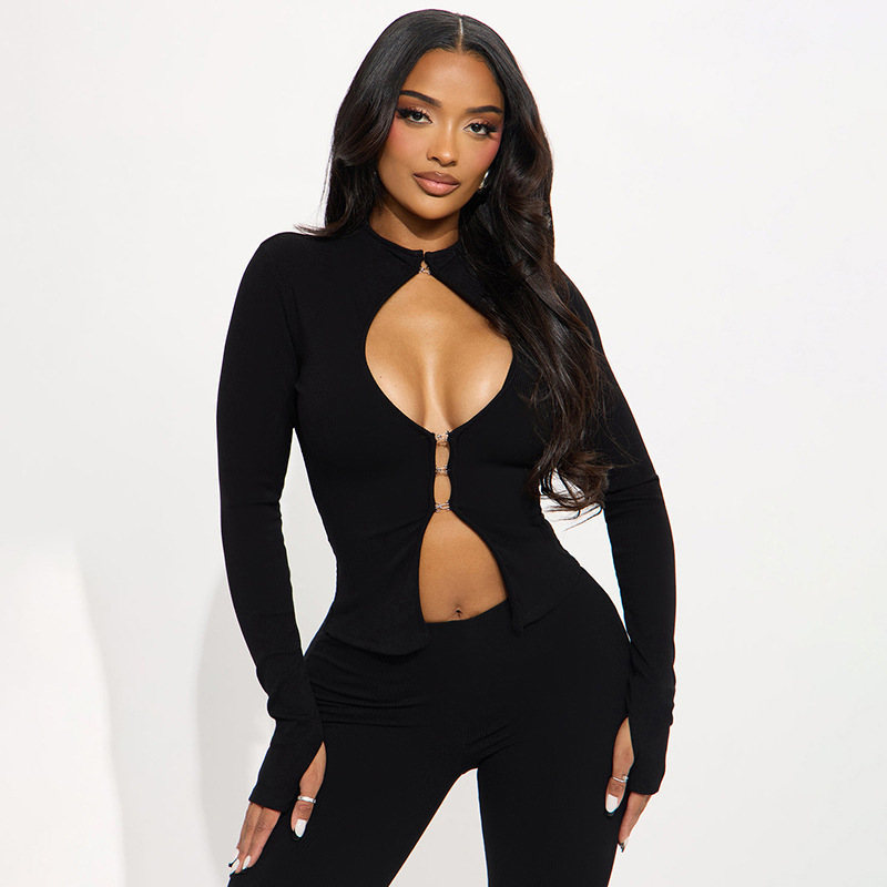 Autumn-Winter Women's Fashion Hollowed Out Buckle Zipper Top and Sexy Slim-Fit Pants Set