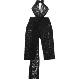 Autumn-Winter Women's Fashion Sexy Lace Halter Neck Low Back Ribbon High-Waist Jumpsuit