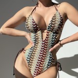 Multi-Color Crochet Texture Sexy Halter Neck Swimsuit