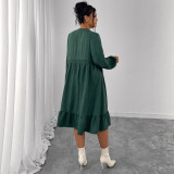 Spring-Autumn Linen Patchwork Puff Sleeves Dress