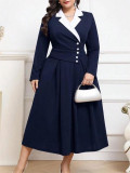 Autumn-Winter Women's Color Block Turndown Collar Chic Elegant Plus Size Dress