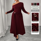 Autumn-Winter Slash Shoulder Slim High-Waist Long Sleeve Brown Dress