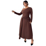Autumn-Winter Slash Shoulder Slim High-Waist Long Sleeve Brown Dress