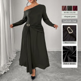 Autumn-Winter Slash Shoulder Slim High-Waist Long Sleeve Brown Dress