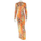 Print Color Block Women's Hollowed Out Bodycon Round Neck Long Sleeve Chic Long Dress