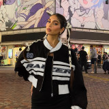 Autumn Trendy Letter Print Contrast Color Long Sleeve Stand Collar Jacket