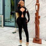 Autumn-Winter Women's Fashion Hollowed Out Buckle Zipper Top and Sexy Slim-Fit Pants Set