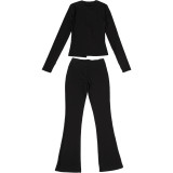 Autumn-Winter Women's Fashion Hollowed Out Buckle Zipper Top and Sexy Slim-Fit Pants Set