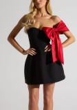 Off-Shoulder Color Block Bow Short Sleeve Sexy Bodycon Dress
