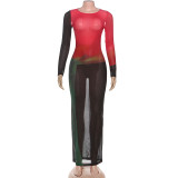 Autumn-Winter Women's Sexy Long Sleeve Round Neck Print Bodycon Dress