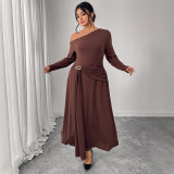 Autumn-Winter Slash Shoulder Slim High-Waist Long Sleeve Brown Dress