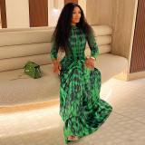 Chic Women's Pleated High-Neck Long Sleeve Print Slim Waist A-Line Dress