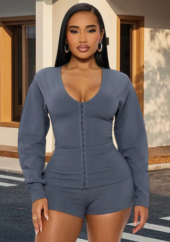Sexy Casual V-Neck Long Sleeve Tight Fitting Solid Top and Shorts Set