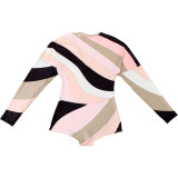 Autumn-Winter Women's Fashion Long Sleeve Sexy Deep V-Neck Patchwork Color Block Short Jumpsuit