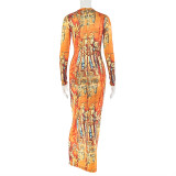 Print Color Block Women's Hollowed Out Bodycon Round Neck Long Sleeve Chic Long Dress
