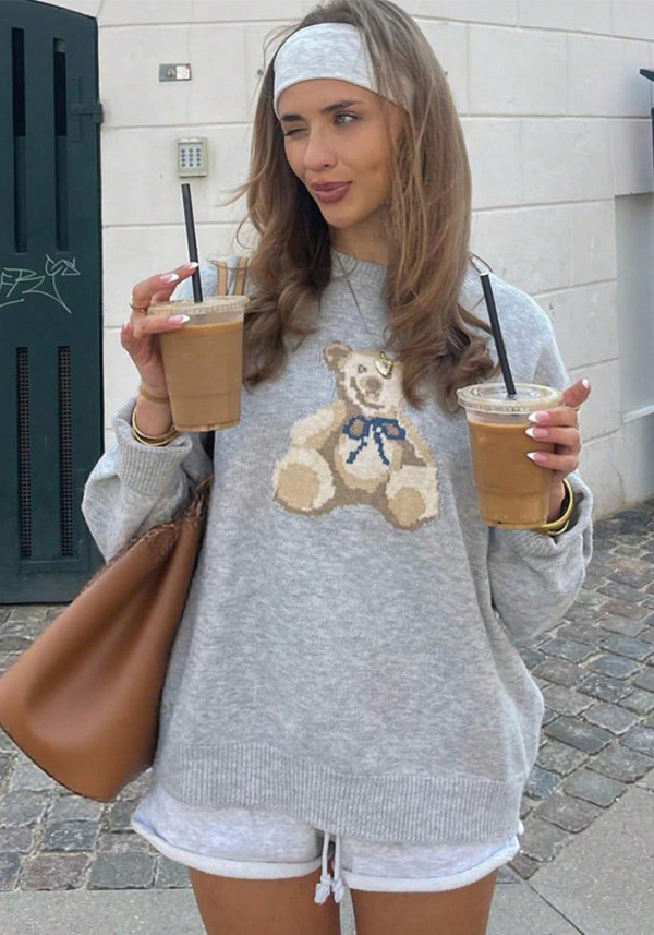 Autumn-Winter Women's Cartoon Bear Pattern Long Sleeve Casual Sweater