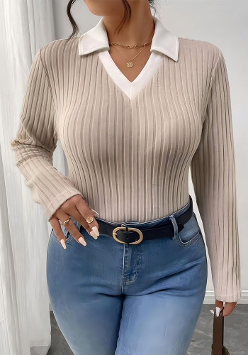 Autumn-Winter Color Block Turndown Neck Knitting Plus Size Top