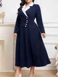 Autumn-Winter Women's Color Block Turndown Collar Chic Elegant Plus Size Dress