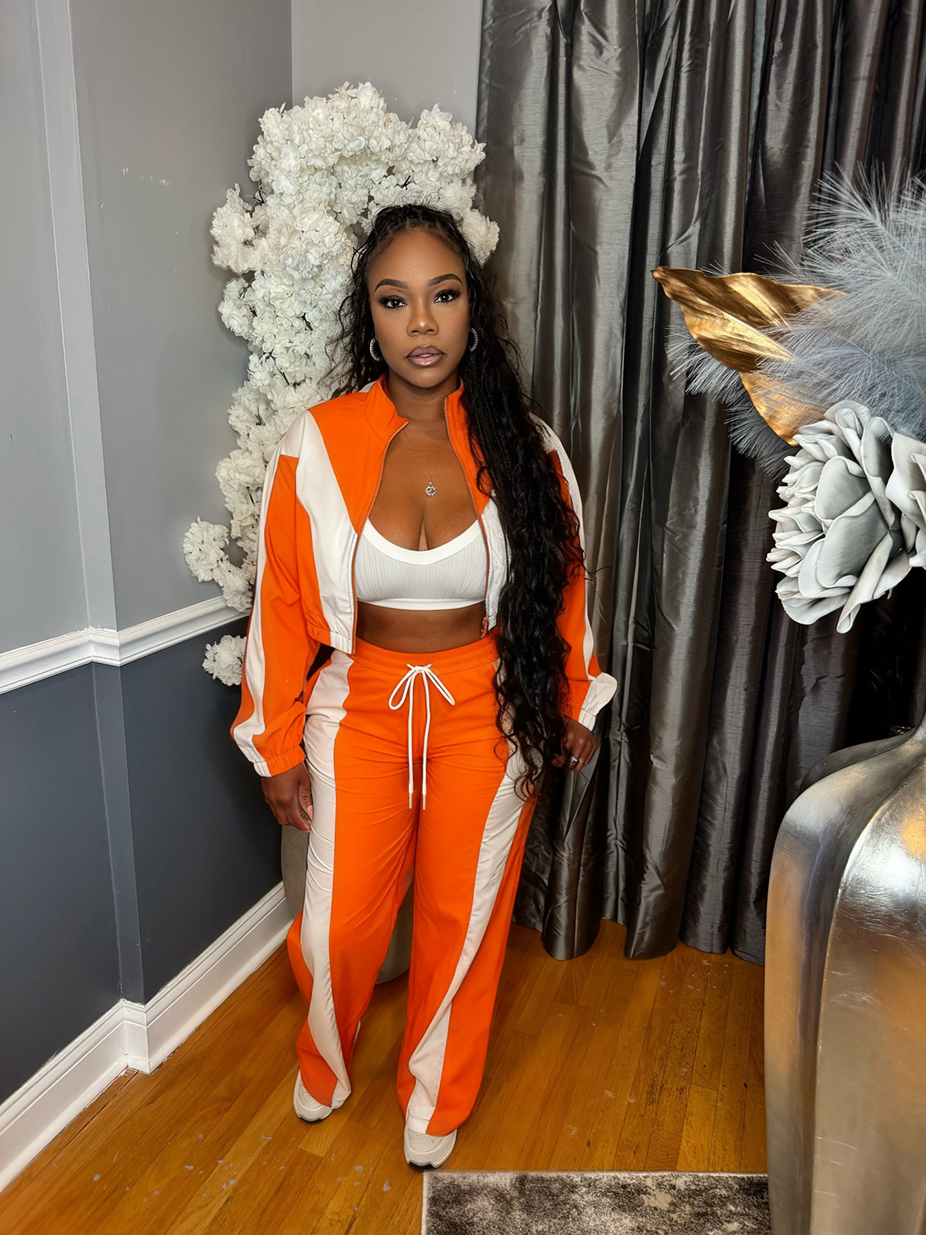 Women's Fashion Color Block Zipper Hoodie and Wide-Leg Drawstring Sport Pants Set