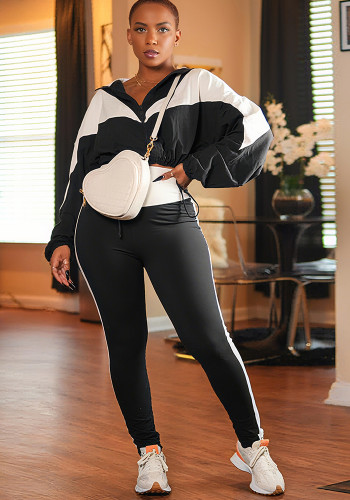 Women's Fashion Color Block Zipper Hoodie and Wide-Leg Elastic Waist Sport Pants Set