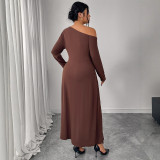 Autumn-Winter Slash Shoulder Slim High-Waist Long Sleeve Brown Dress