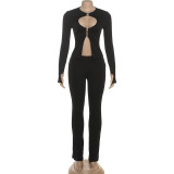 Autumn-Winter Women's Fashion Hollowed Out Buckle Zipper Top and Sexy Slim-Fit Pants Set