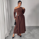 Autumn-Winter Slash Shoulder Slim High-Waist Long Sleeve Brown Dress