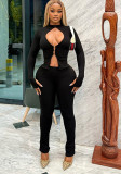 Autumn-Winter Women's Fashion Hollowed Out Buckle Zipper Top and Sexy Slim-Fit Pants Set
