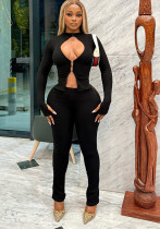 Autumn-Winter Women's Fashion Hollowed Out Buckle Zipper Top and Sexy Slim-Fit Pants Set Autumn-Winter Women's Fashion Hollowed Out Buckle Zipper Top and Sexy Slim-Fit Pants Set