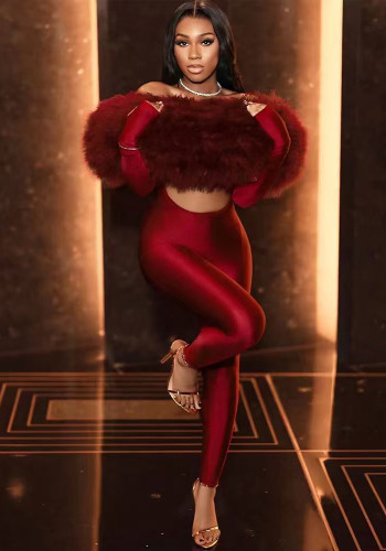 Autumn Solid Off-Shoulder Fuzzy Hollowed Out Sexy High-Waist Long Sleeve Jumpsuit