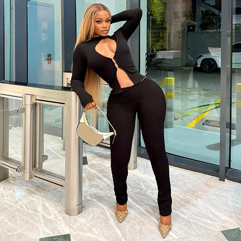 Autumn-Winter Women's Fashion Hollowed Out Buckle Zipper Top and Sexy Slim-Fit Pants Set
