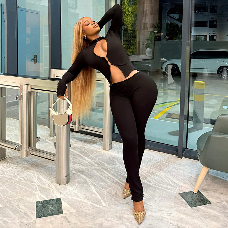 Autumn-Winter Women's Fashion Hollowed Out Buckle Zipper Top and Sexy Slim-Fit Pants Set