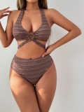 Fashion Texture Brown Halter Neck Two-Piece Swimsuit