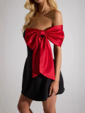 Off-Shoulder Color Block Bow Short Sleeve Sexy Bodycon Dress